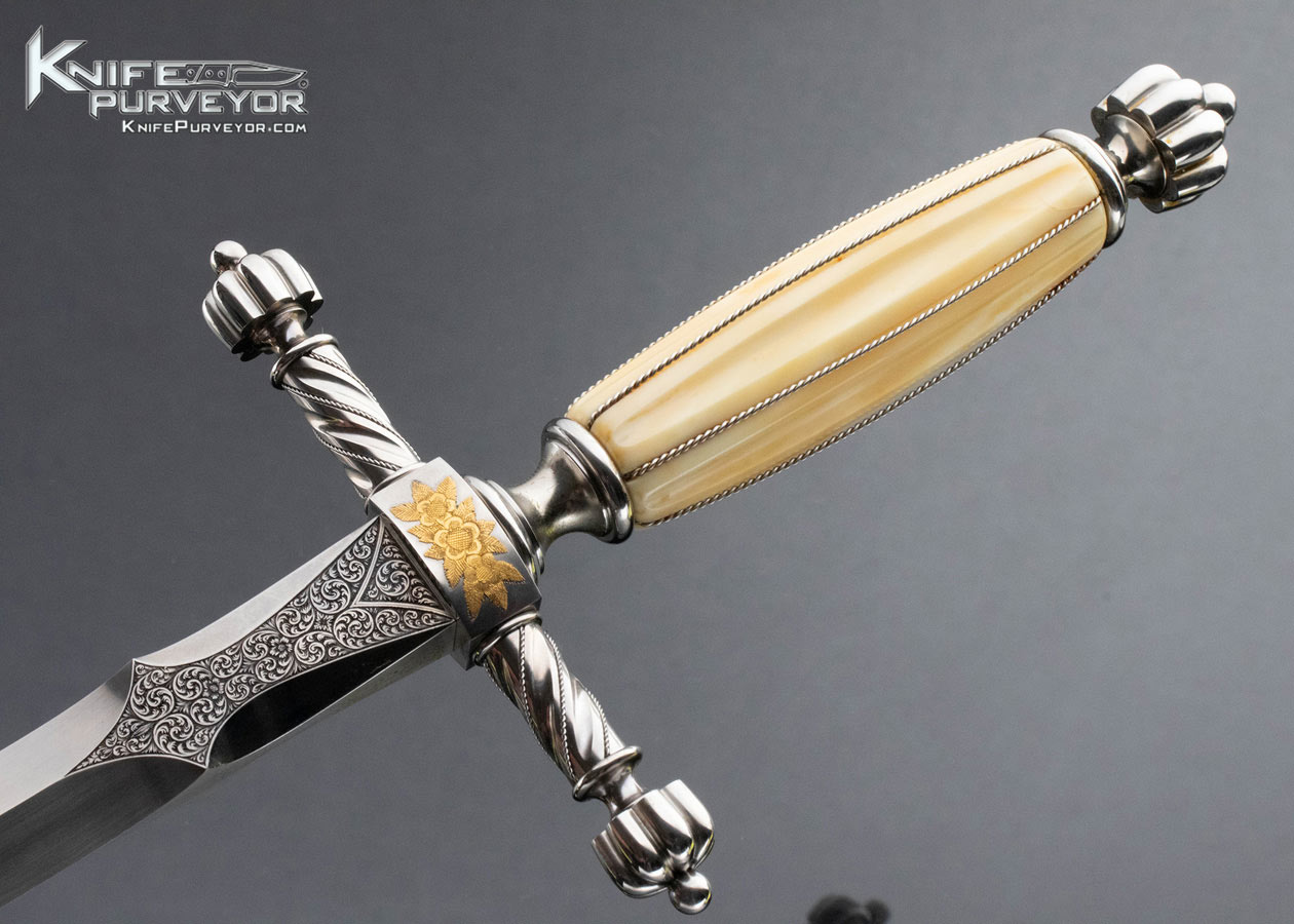 Wolfgang Loerchner Custom Knife Martin Butler Engraved with 24KT Gold Inlays Mammoth Dagger with Braided Fine Silver Wire - Image 2