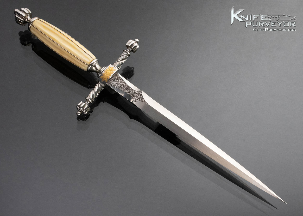 Wolfgang Loerchner Custom Knife Martin Butler Engraved with 24KT Gold Inlays Mammoth Dagger with Braided Fine Silver Wire - Image 3