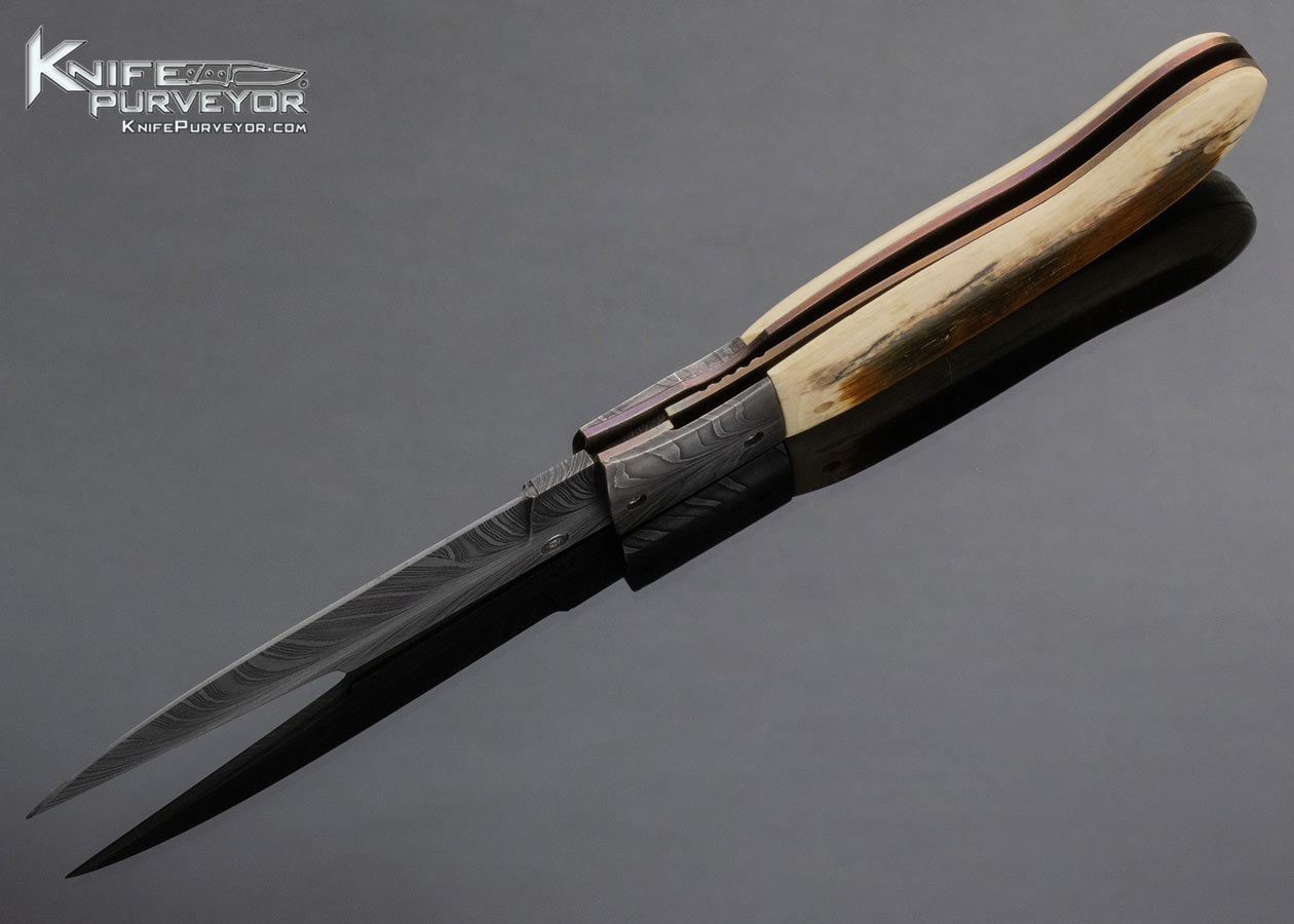 Bill Behnke Custom Knife Mammoth and Sole Authorship Feather Pattern Damascus Linerlock - Image 7