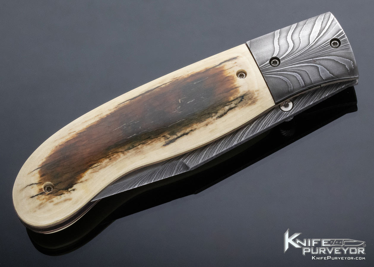 Bill Behnke Custom Knife Mammoth and Sole Authorship Feather Pattern Damascus Linerlock - Image 6