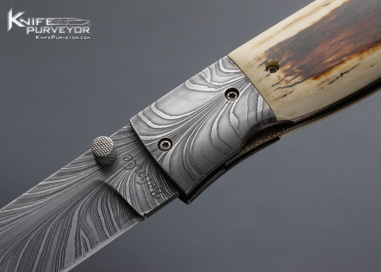 Bill Behnke Custom Knife Mammoth and Sole Authorship Feather Pattern Damascus Linerlock - Image 2