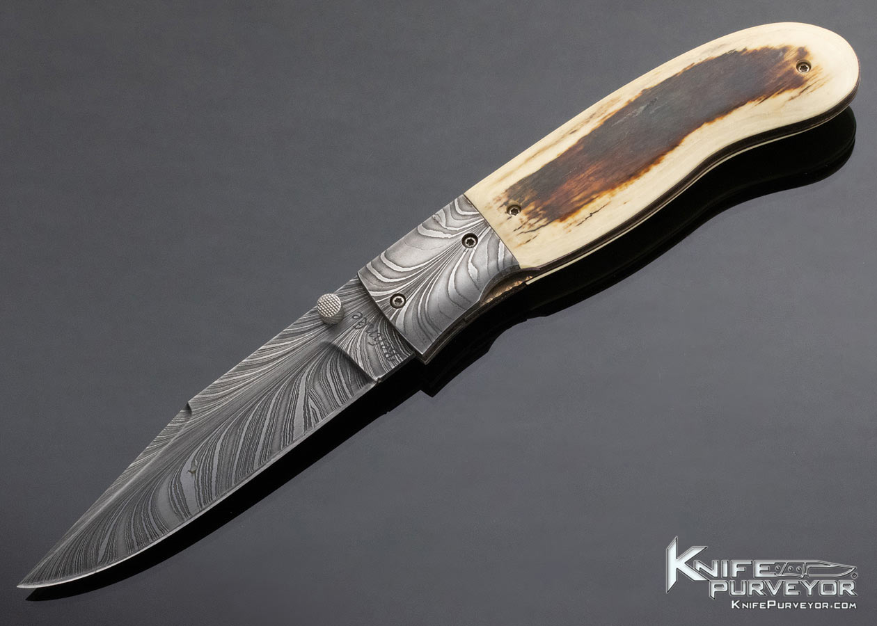 Bill Behnke Custom Knife Mammoth and Sole Authorship Feather Pattern Damascus Linerlock 13862