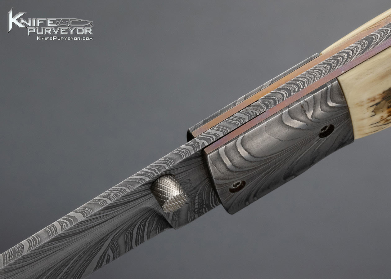 Bill Behnke Custom Knife Mammoth and Sole Authorship Feather Pattern Damascus Linerlock - Image 9