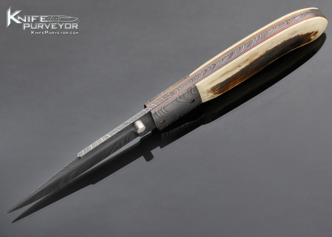 Bill Behnke Custom Knife Mammoth and Sole Authorship Feather Pattern Damascus Linerlock 13862
