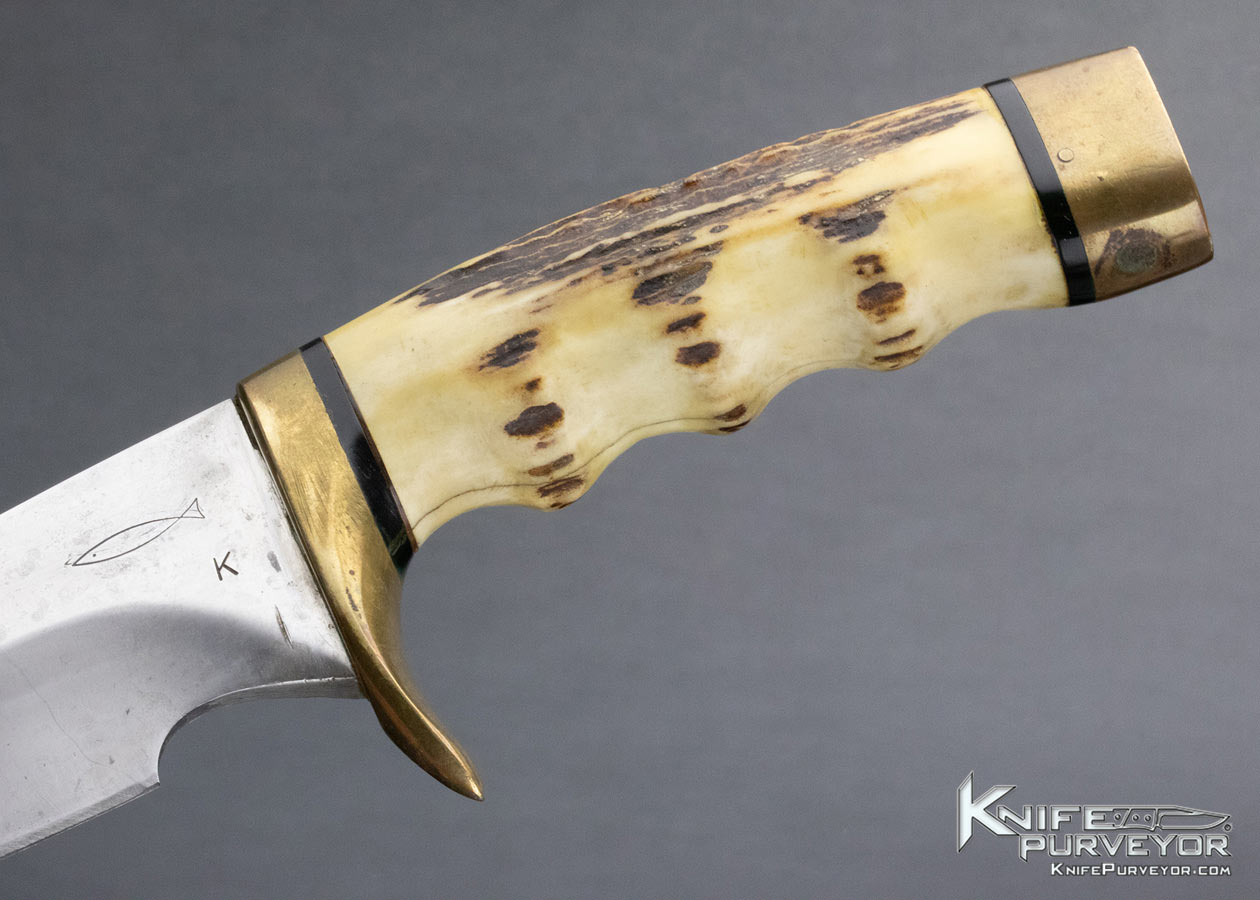 Clyde Fischer Custom Knife Stag and Brass Upswept Finger Grooved Hunter with Sheath - Image 2
