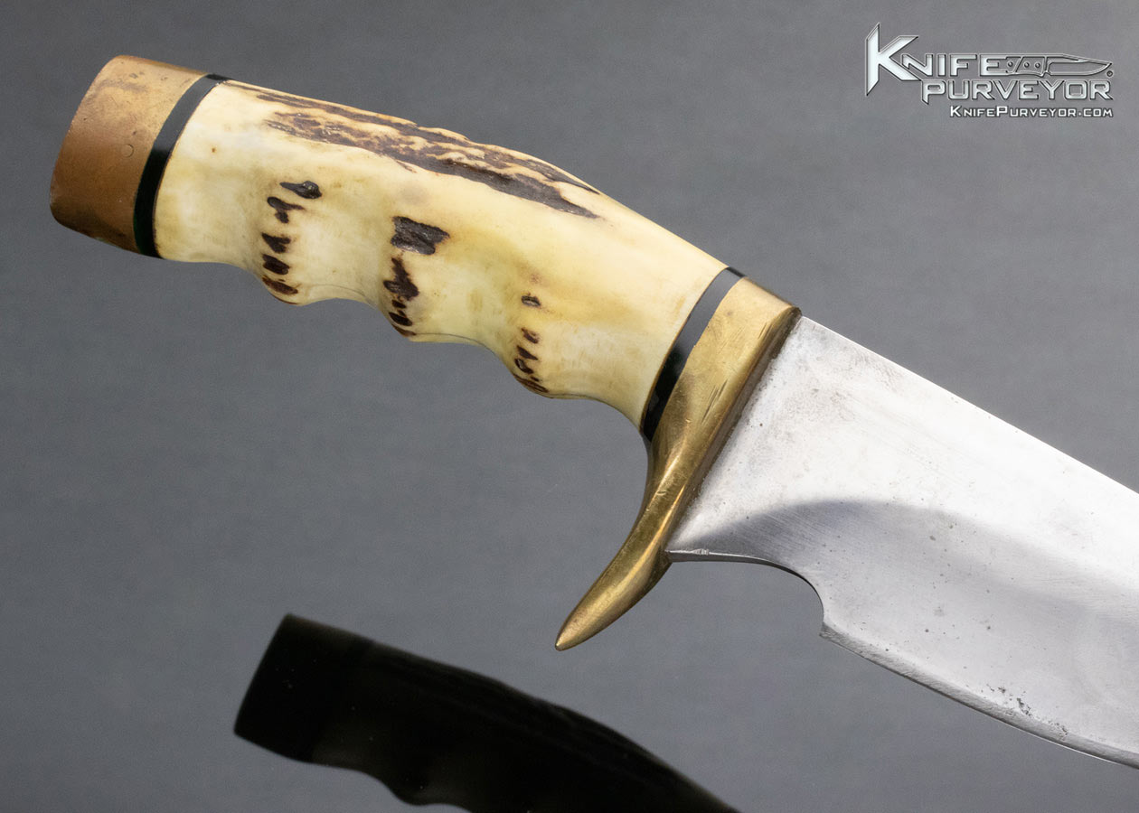 Clyde Fischer Custom Knife Stag and Brass Upswept Finger Grooved Hunter with Sheath - Image 4