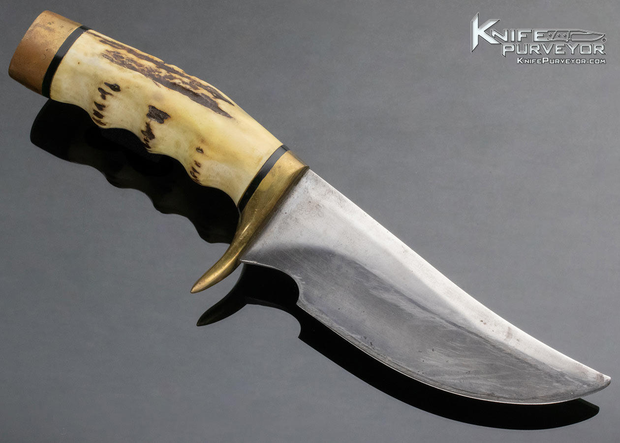 Clyde Fischer Custom Knife Stag and Brass Upswept Finger Grooved Hunter with Sheath - Image 3
