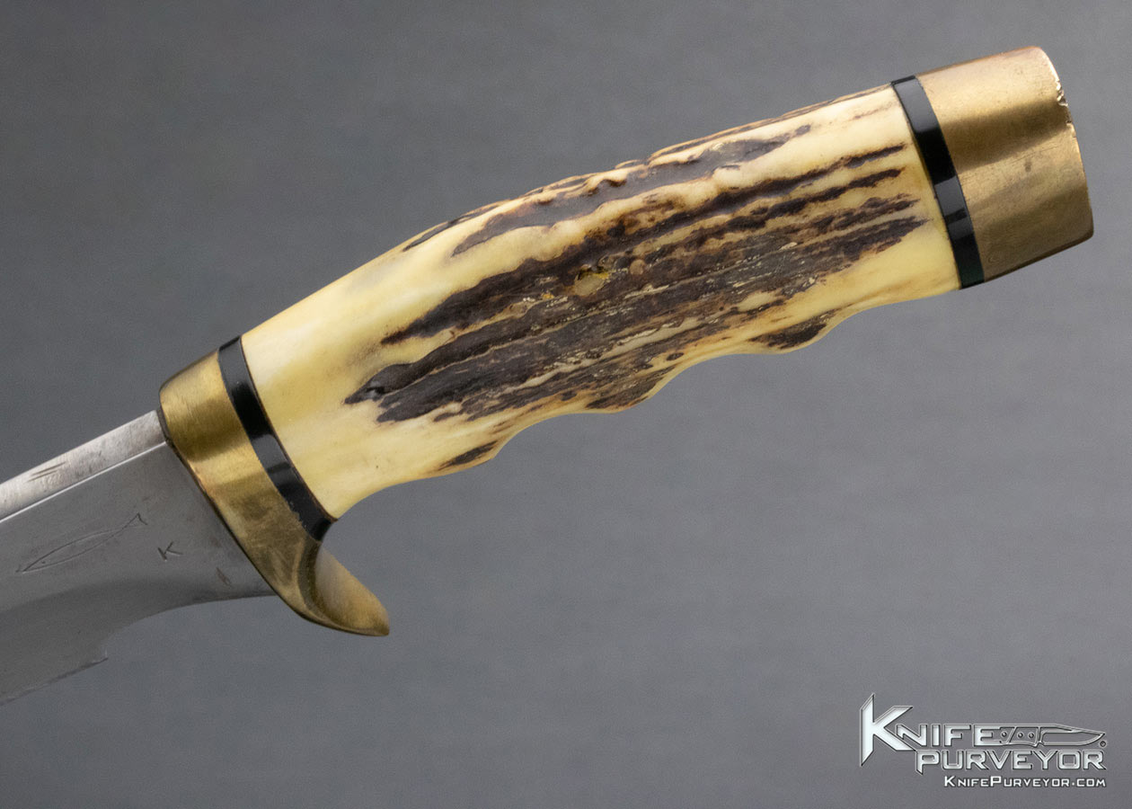 Clyde Fischer Custom Knife Stag and Brass Upswept Finger Grooved Hunter with Sheath - Image 8