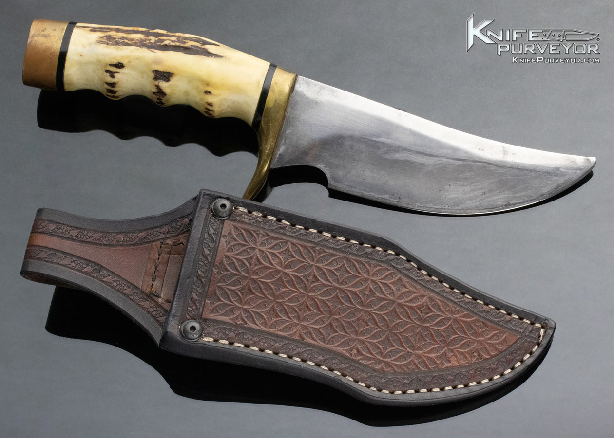 Clyde Fischer Custom Knife Stag and Brass Upswept Finger Grooved Hunter with Sheath - Image 5