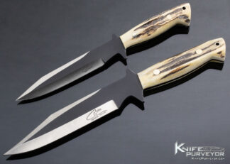 Colin Cox Custom Knife Set of 2 Stag Fighter/Hunter w (Leather and Brass Inserts) and Wooden Display Box #6 of 100 14667