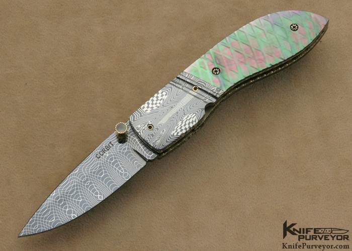 Jerry Corbit Custom Knife Blued Damascus & Checkered Black Lip Pearl Liner Lock