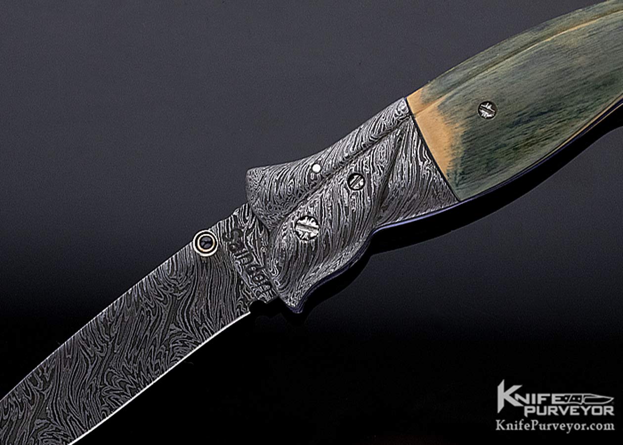Bill Saindon Custom Knife Fluted Mammoth and Damascus Linerlock - Image 2