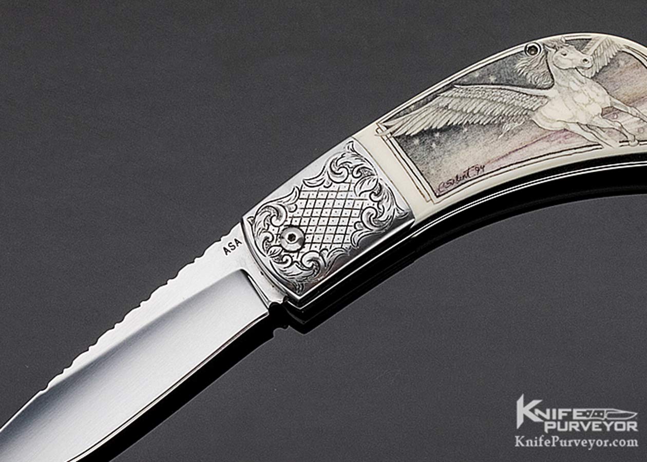 A.A. Sanders Custom Knife Engraved Scale Release Automatic Scrimshawed by C. Selint - Image 2