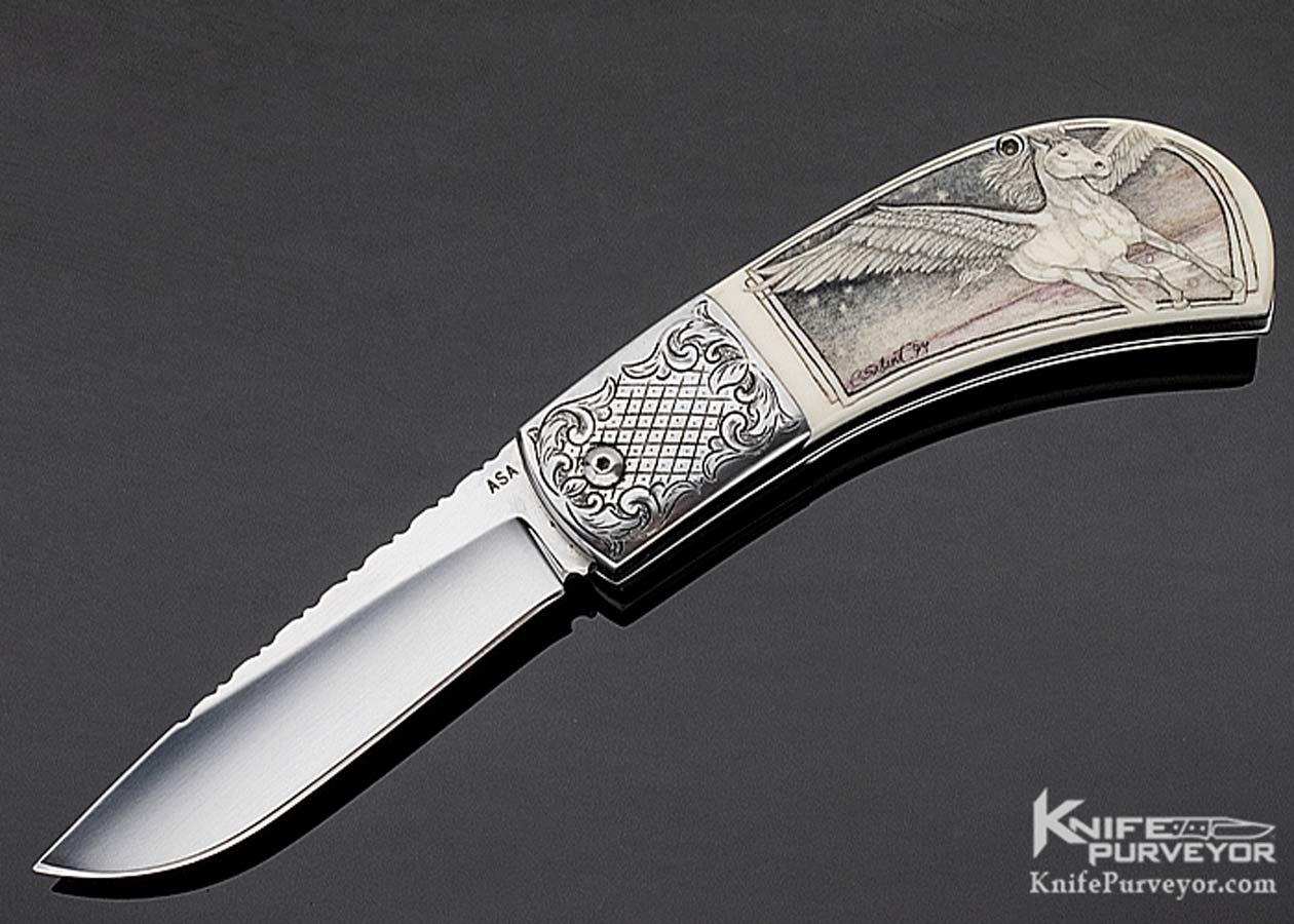A.A. Sanders Custom Knife Engraved Scale Release Automatic Scrimshawed by C. Selint 11256 Open