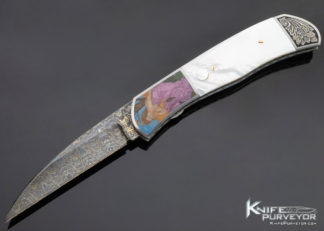 John W Smith Custom Knife Sole Authorship Color Engraved "Alphonse Mucha Seasons" Automatic Linerlock 12643