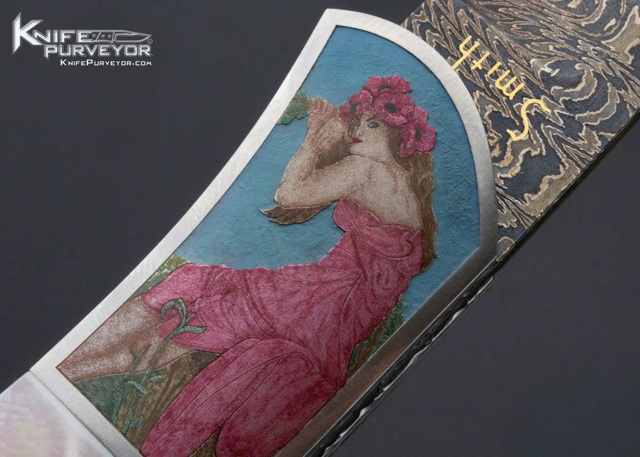 John W Smith Custom Knife Sole Authorship Color Engraved "Alphonse Mucha Seasons" Automatic Linerlock - Image 3