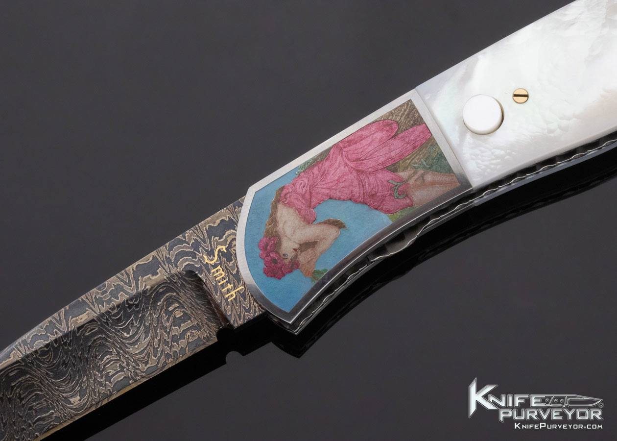 John W Smith Custom Knife Sole Authorship Color Engraved "Alphonse Mucha Seasons" Automatic Linerlock - Image 2