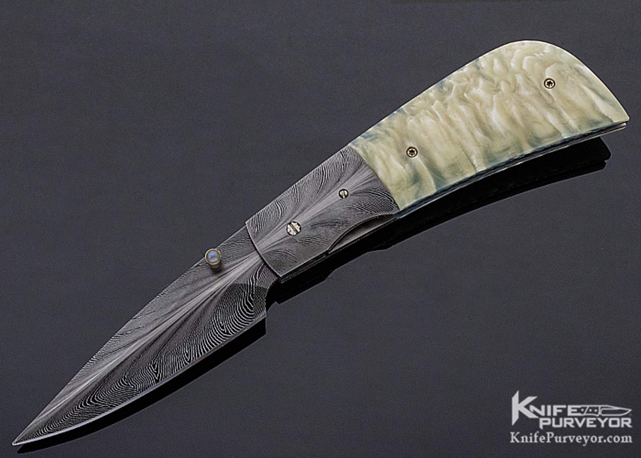 Kevin Casey Custom Knife Sole Authorship Feather Damascus & Polished Sheep Horn Linerlock 11223 Open