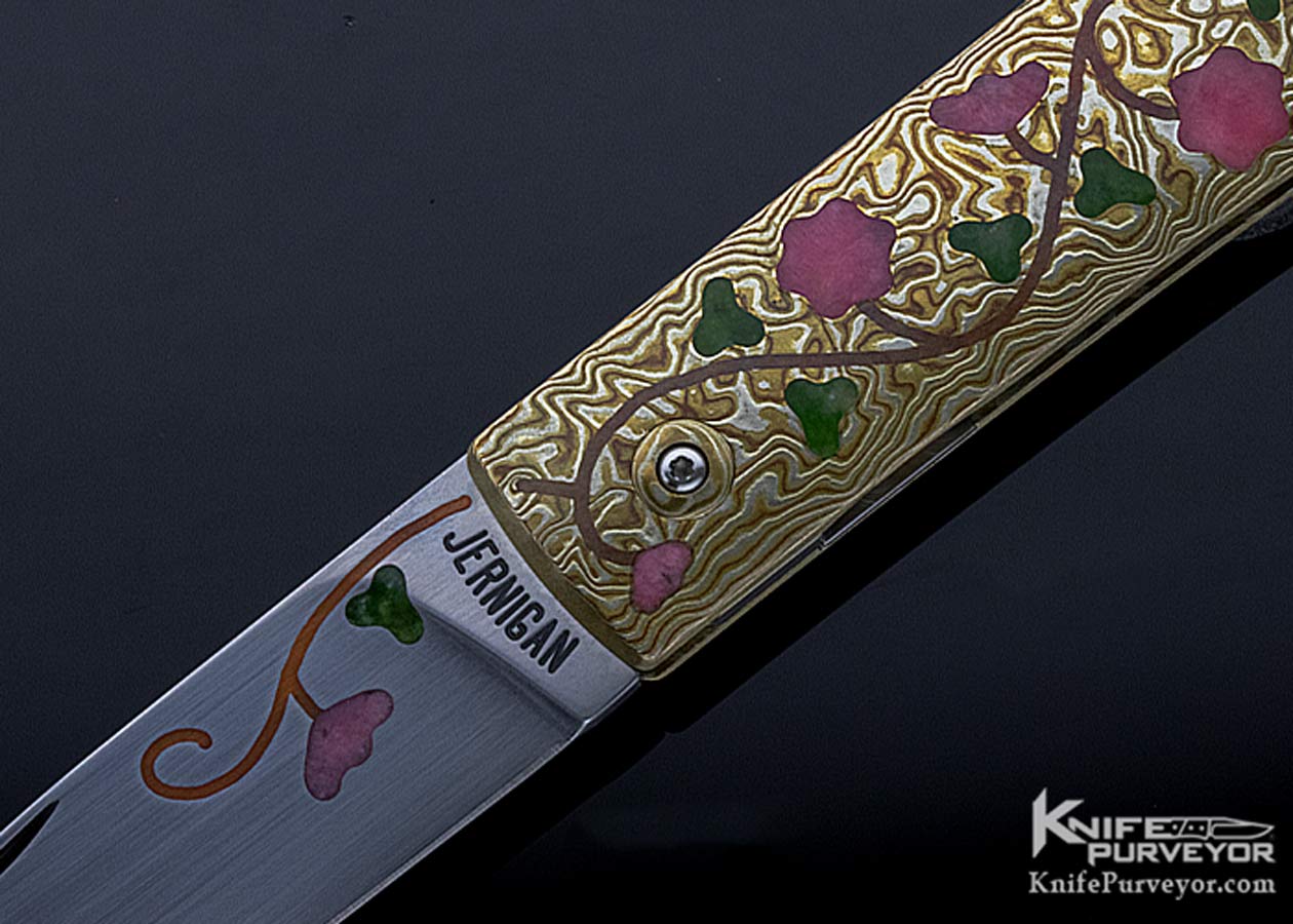Steve Jernigan Custom Knife Pink and Green Jade Inlaid Mokume Linerlock Folder - Image 2