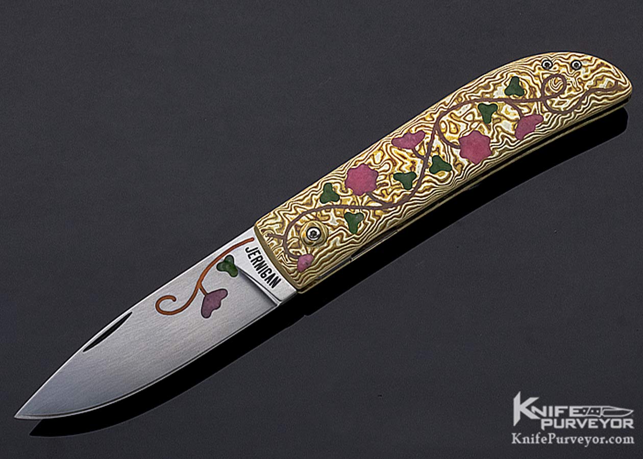 Steve Jernigan Custom Knife Pink and Green Jade Inlaid Mokume Linerlock Folder 11238 Open