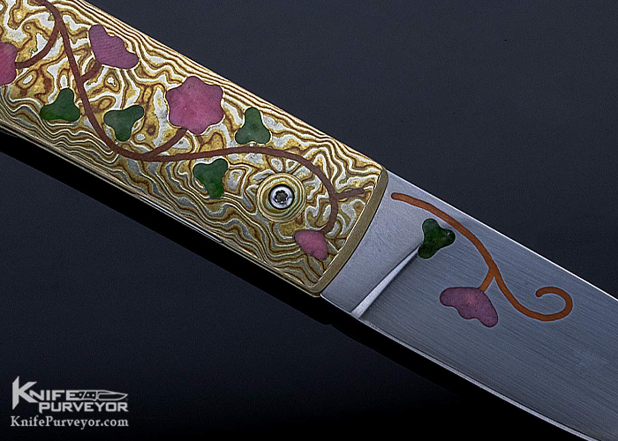 Steve Jernigan Custom Knife Pink and Green Jade Inlaid Mokume Linerlock Folder - Image 5
