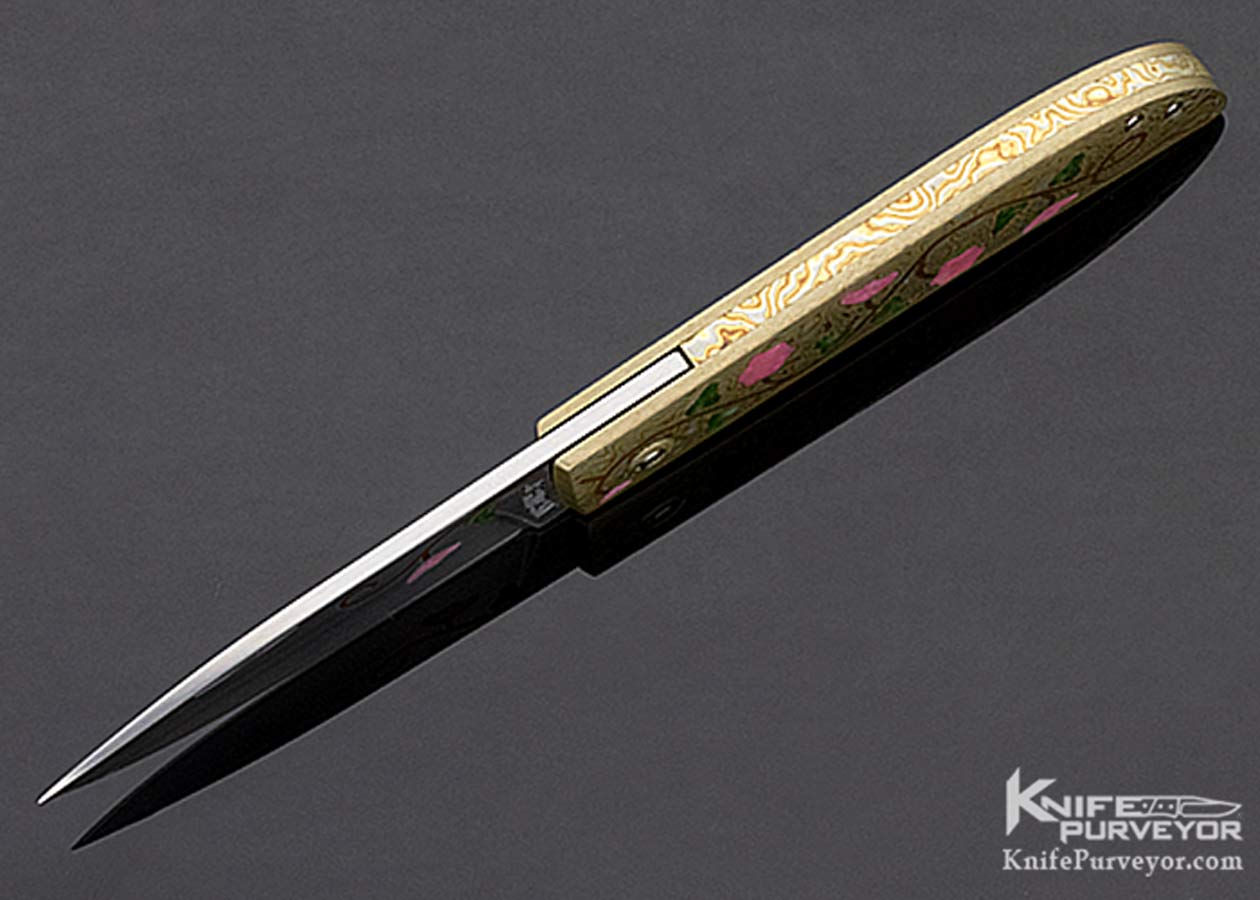 Steve Jernigan Custom Knife Pink and Green Jade Inlaid Mokume Linerlock Folder - Image 6
