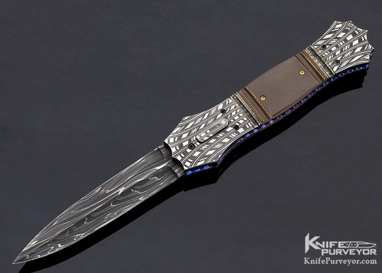 Jim-Minnick-Custom-Knife-Robert-Eggerling-Mosaic-Damascus-Mammoth-with-Gold-Braided-Wire-Linerlock-Automatic-10631-