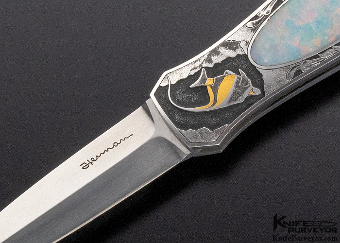 Tim Herman Custom Knife Ray Cover Engraved Opal Lockback - Image 3