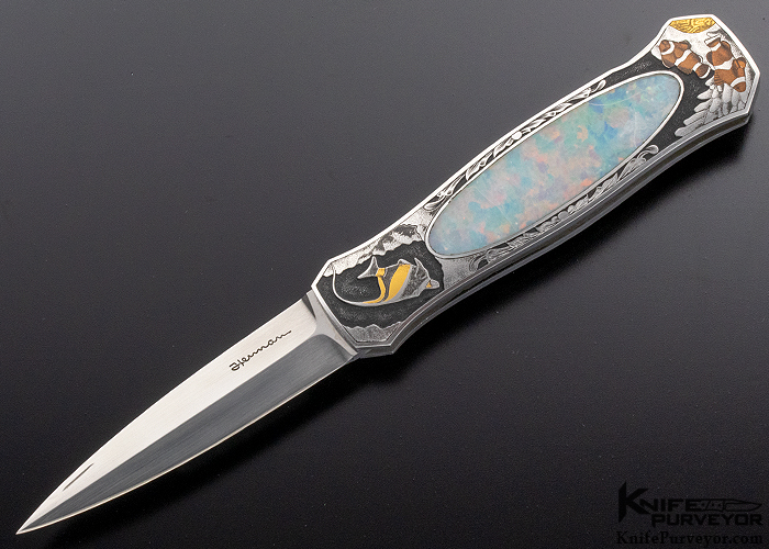 Tim Herman Custom Knife Ray Cover Engraved Opal Lockback - Image 2