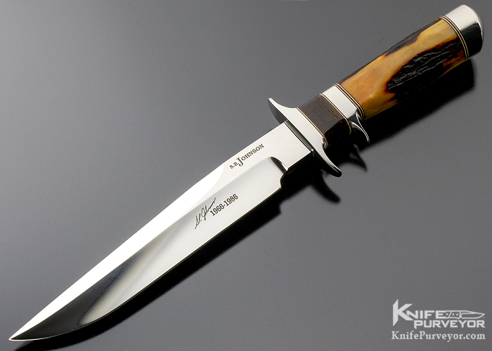 SR Johnson Custom Knife 1966-1986 One of a Kind Stacked Leather and Amber Stag Subhilt 12589