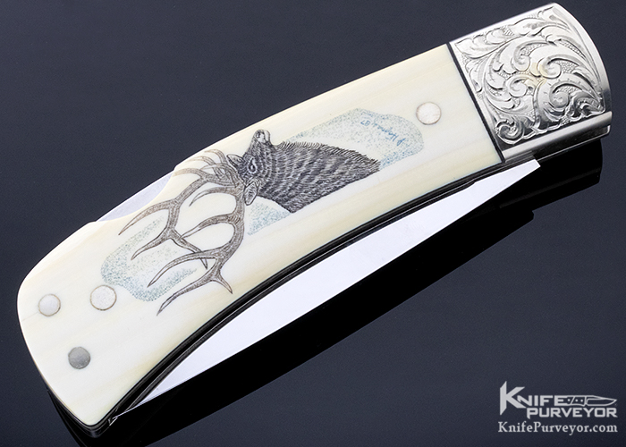 Terry Davis Custom Knife J. Hargas Scrimshawed Mammoth Lockback Engraved by Robert Valade - Image 5