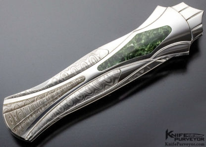 Ron Best Custom Knife Damascus Lockback Dagger With Jade Inlay - Image 3