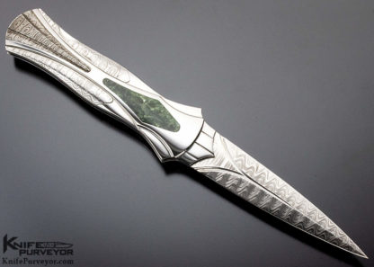 Ron Best Custom Knife Damascus Lockback Dagger With Jade Inlay - Image 2