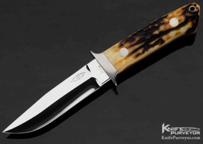 Bob Loveless Custom Knife R.W. Loveless Maker Football Logo Riverside Calif. Amber Stag Mini Wilderness 10751 Open