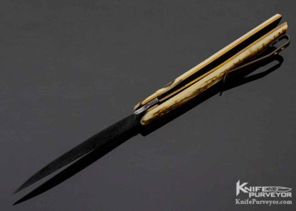 Brad Zinker Custom Knife Mammoth and Damasteel Damascus with Bronze Clip Front Flipper - Image 6