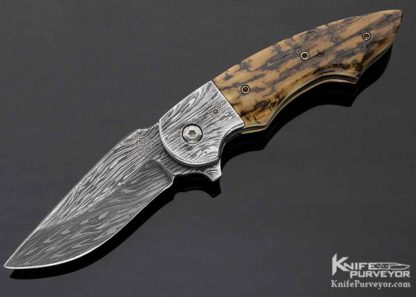 Butch Ball Custom Knife Bark Mammoth and Damascus Linerlock Flipper 10854 Open