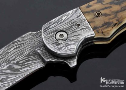 Butch Ball Custom Knife Bark Mammoth and Damascus Linerlock Flipper - Image 2