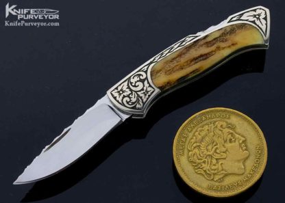 Joe Kious Custom Knife Miniature Stag Semi Interframe Mel Wood Engraved Lockback 10893 Open