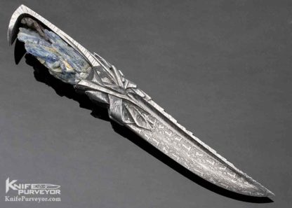 Pierre & Nicole Reverdy Custom Knife Sole Authorship Carved Mosaic Damascus and Blue Kyanite Integral Fixed Blade