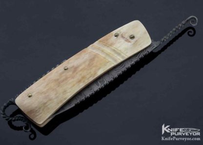 David Winston Custom Knife Sole Authorship Damascus and Elk Horn Carved Bone - Image 3
