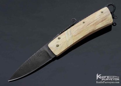 David Winston Custom Knife Sole Authorship Damascus and Elk Horn Carved Bone 10748