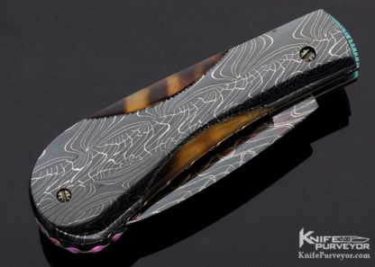 Frank Potter Custom Knife Blued Robert Eggerling Mosaic Damascus & Amber Automatic Linerlock - Image 3