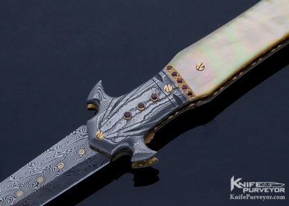 George Dailey Custom Knife Gold Lip Pearl and Damascus Gem Encrusted Linerlock Dagger - Image 2