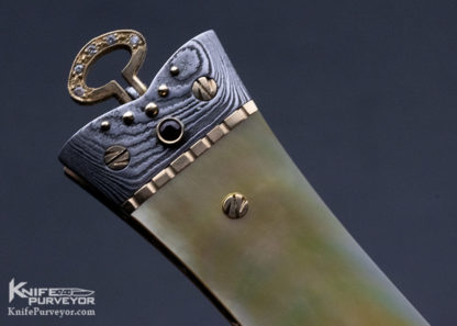 George Dailey Custom Knife Gold Lip Pearl and Damascus Gem Encrusted Linerlock Dagger - Image 6