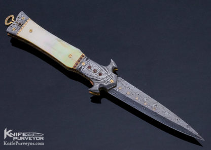 George Dailey Custom Knife Gold Lip Pearl and Damascus Gem Encrusted Linerlock Dagger - Image 4
