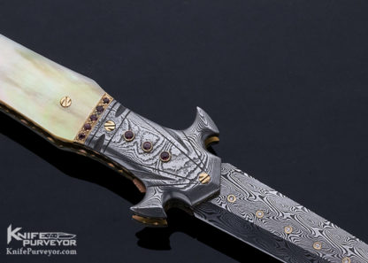 George Dailey Custom Knife Gold Lip Pearl and Damascus Gem Encrusted Linerlock Dagger - Image 5