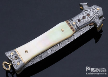 George Dailey Custom Knife Gold Lip Pearl and Damascus Gem Encrusted Linerlock Dagger - Image 3