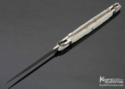 Ken Steigerwalt Custom Knife Large Damascus Blade Fluted Double Bolsters Checkered Pearl Shell Auto Dagger - Image 7