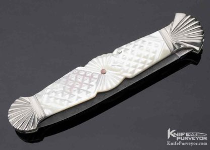 Ken Steigerwalt Custom Knife Large Damascus Blade Fluted Double Bolsters Checkered Pearl Shell Auto Dagger - Image 3