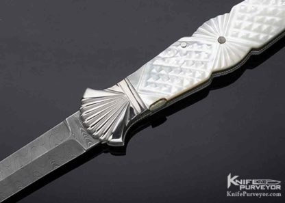 Ken Steigerwalt Custom Knife Large Damascus Blade Fluted Double Bolsters Checkered Pearl Shell Auto Dagger - Image 2